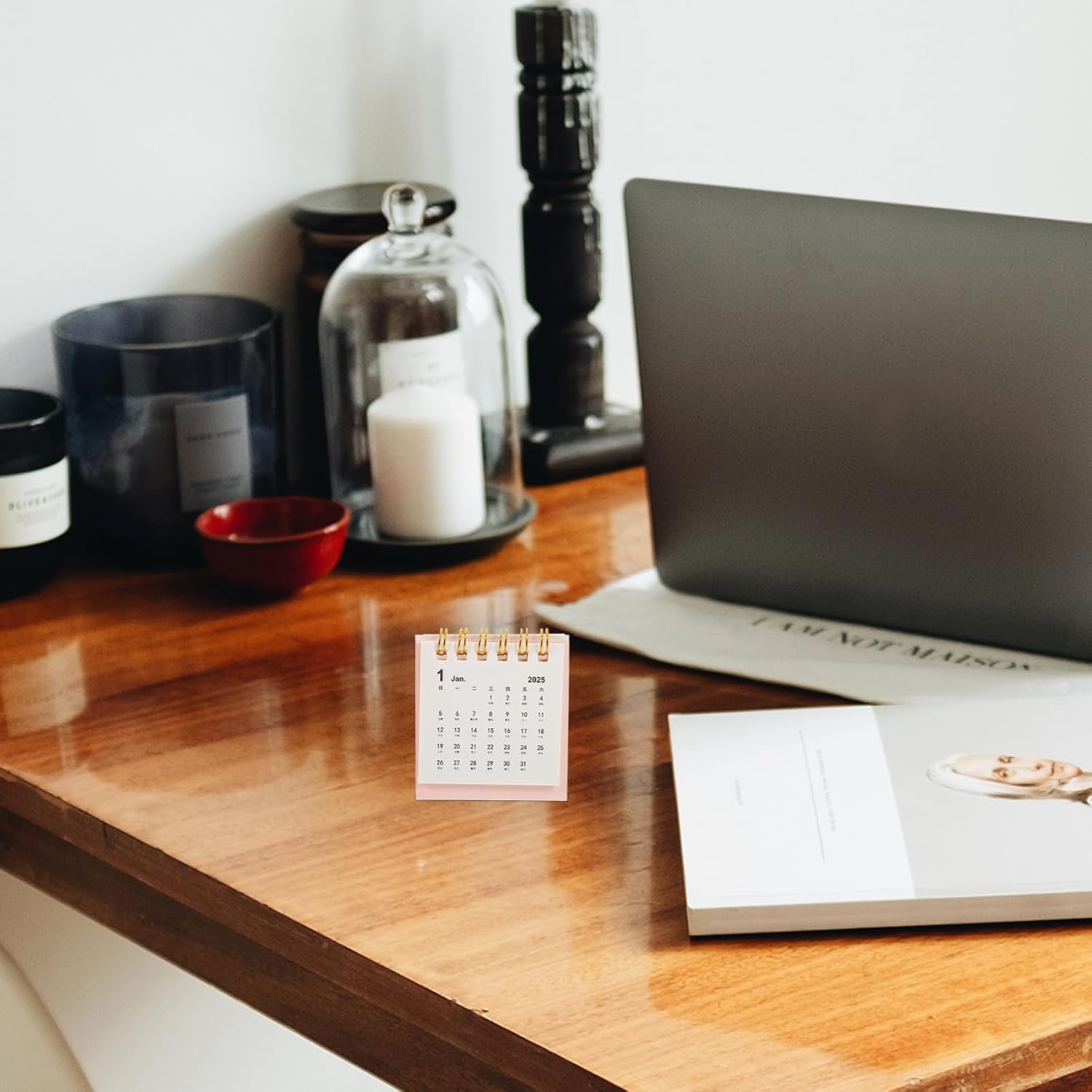 SHINEOFI Mini Desk Calendar 2025, Small Desktop Calendar Mini Daily Schedule Paper Flip Calendar Twin-Wire Binding for Home Office School Pink - Black image number 5