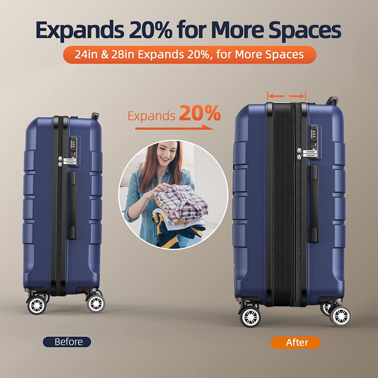 SHOWKOO Luggage Sets Expandable PC+ABS Durable Suitcase Double Wheels TSA Approved Lock Deep Blue 3Pcs image number 7