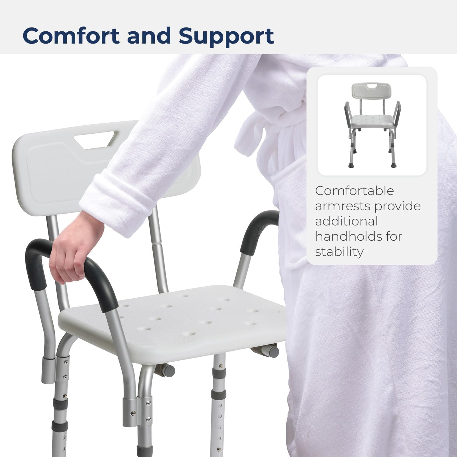 Shower Chair, Height Adjustable Non-Slip Aluminum Frame Shower Seat with Shower Buckle &Removable Back & Padded Arms, Bathtub Shower Lift Chair for Elderly & Disabled, Hold up to 150 Kg(White) image number 2