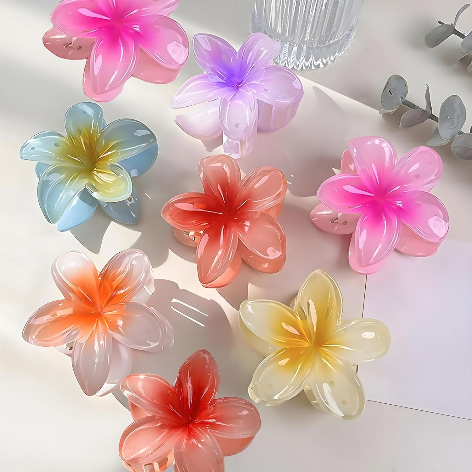 MYTOAU 8 Pack Claw Clips for Women,Hawaiian Plumeria Hair Accessories,Flower for Women,Nonslip Hair Girls, Large Claw Clips for for Wedding, Party, Vacation, Beach Decoration image number 3