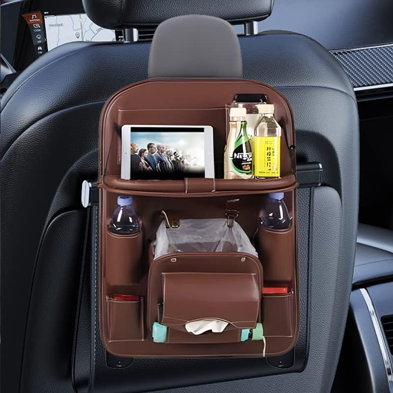 2X PU Leather Car Seat Back Organiser Storage Bag Foldable Table Tray Cup Holder (2X) - 1X image number 2