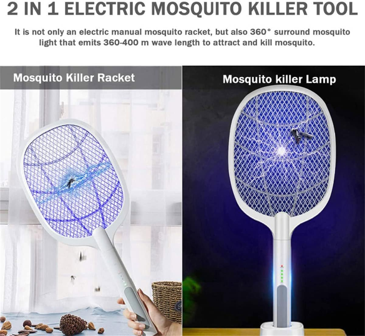 Electric Fly Swatter Racket, 2 in 1 Foldable Bug Zapper Racket and Mosquito Zapper Racket, USB Rechargeable Electric Fly Swatter Lamp & Racket image number 4