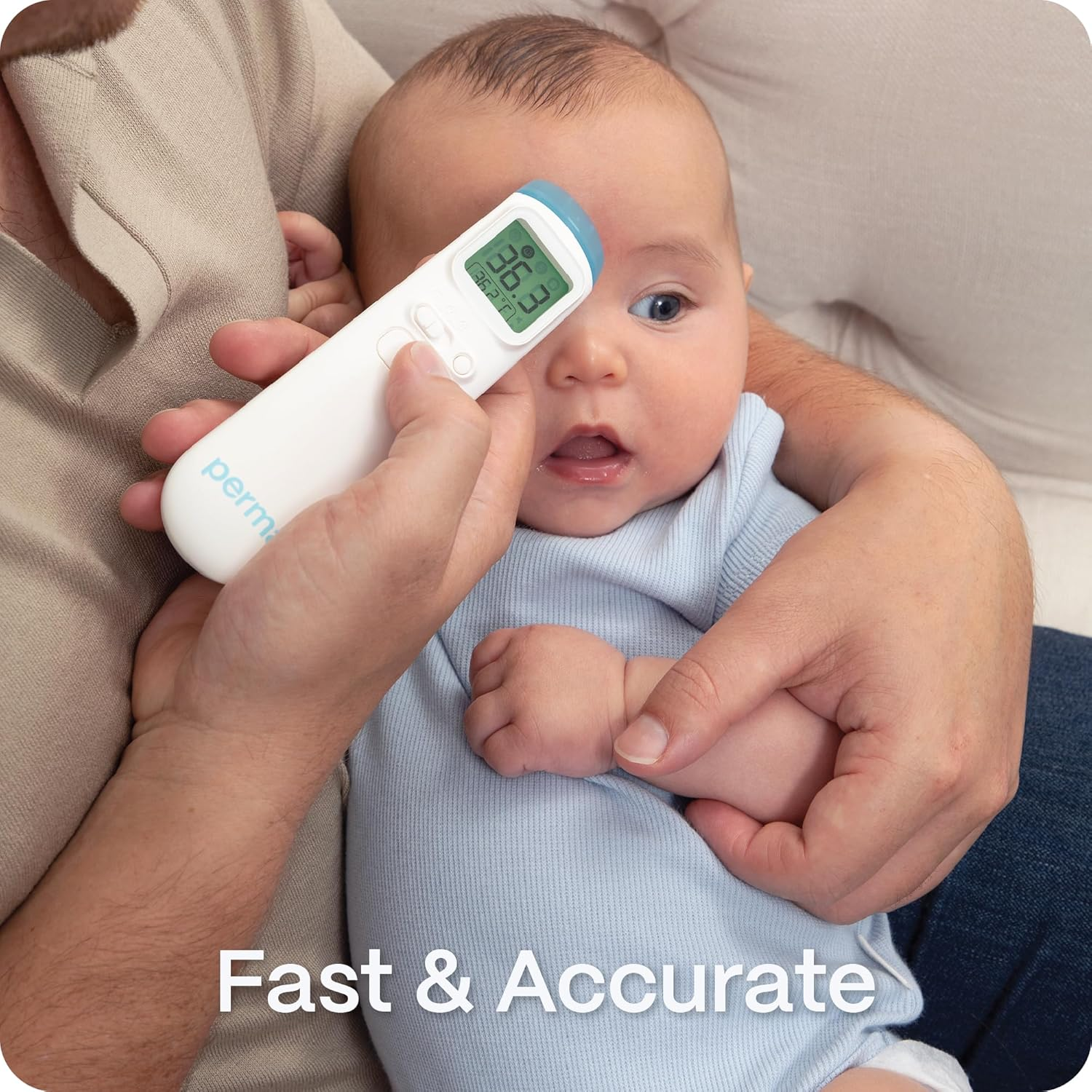 Perma 4-In-1 Digital Thermometer, One-Second Readings, Forehead/Ear/Room/Object Modes, Agesense Accuracy for Infants to Adults, Fever Indicator Backlit Display, Memory Recall, Hard Case Included image number 1