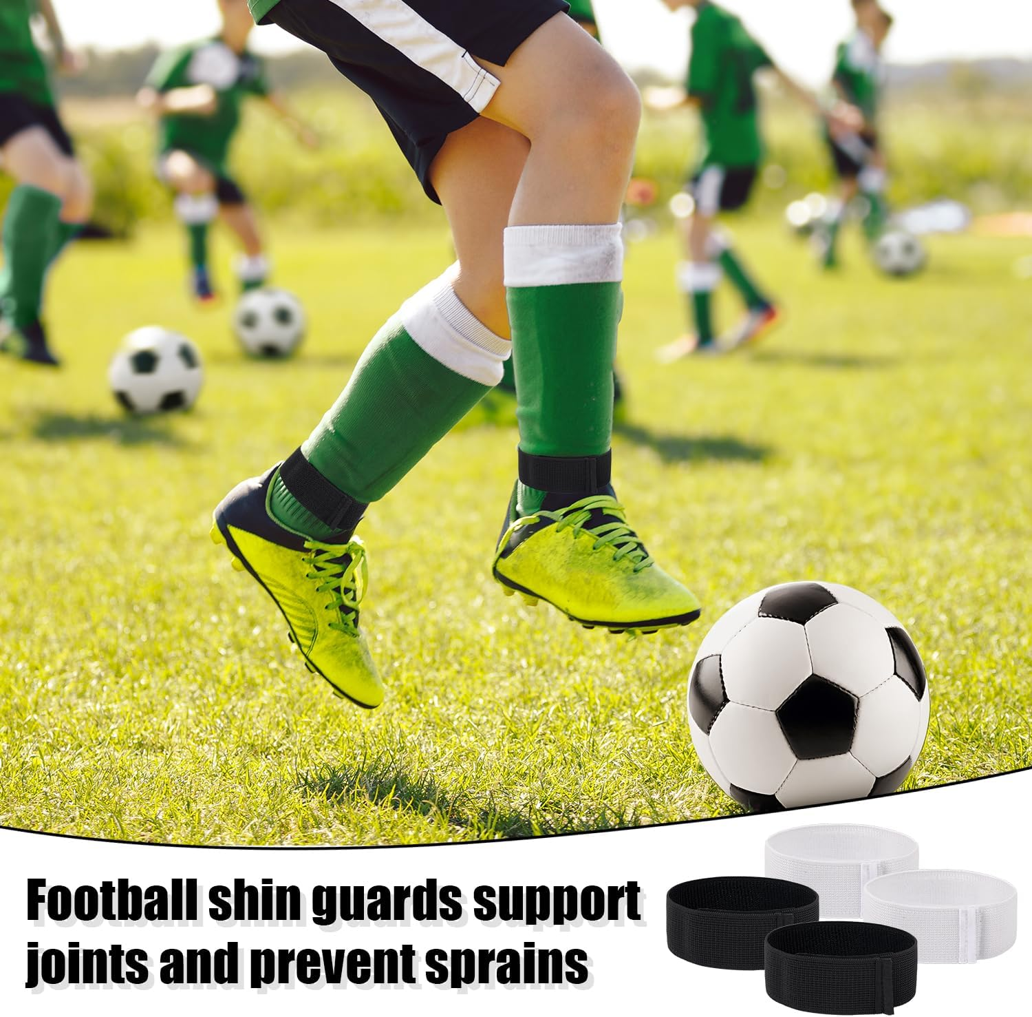 4Pcs Football Shin Guard Straps, Black White Soccer Shin Fixed Ankle Straps Polyester Yarn Elastic Football Shin Guard Holders for Kicking Ball Cycling Running image number 6