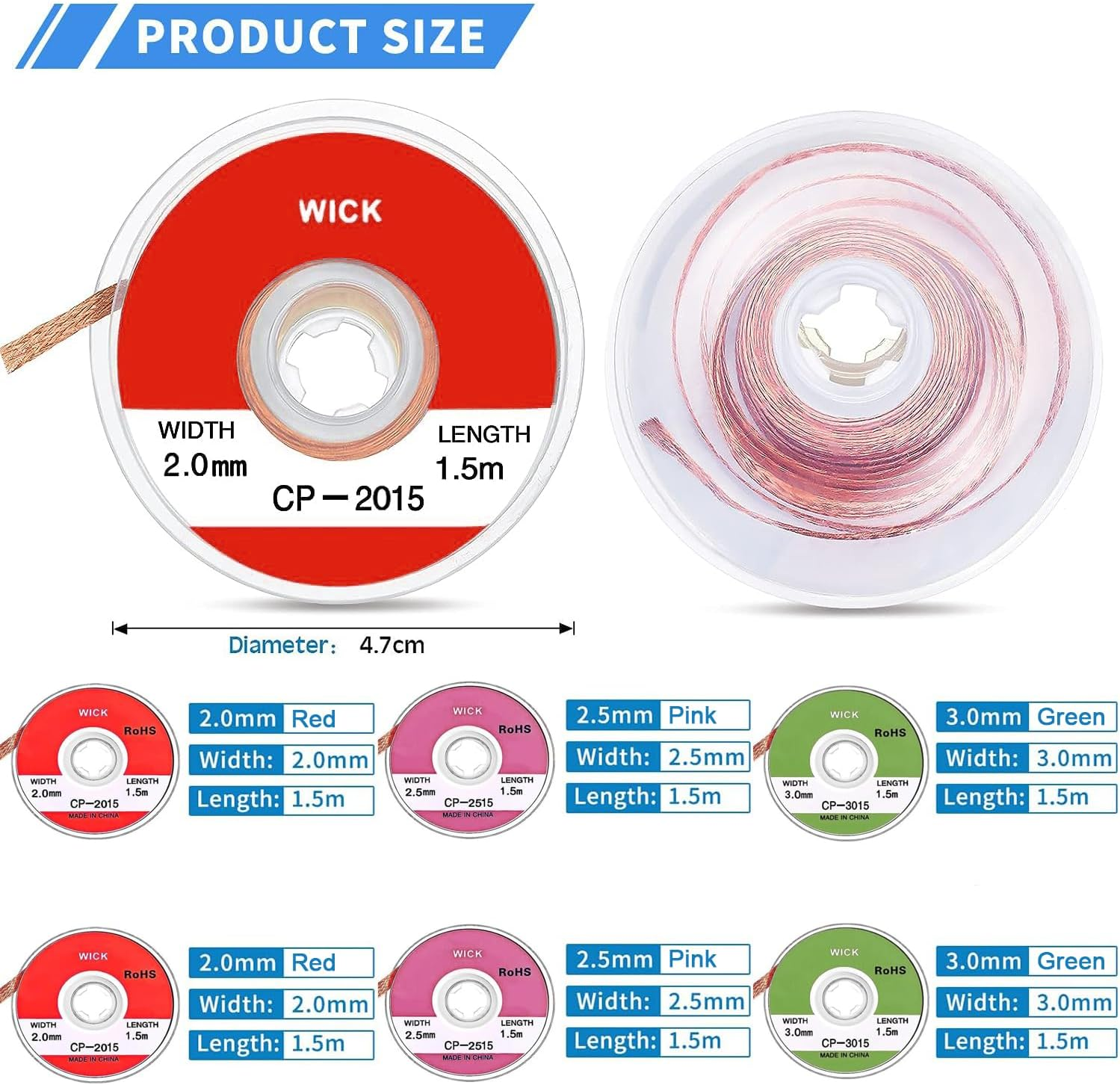 6 Pcs Solder Wick Solder No-Clean Braid Wick Set, 1.5 Meter Length Desoldering Braid Wick (2.0 Mm, 2.5 Mm, 3.0 Mm) image number 1