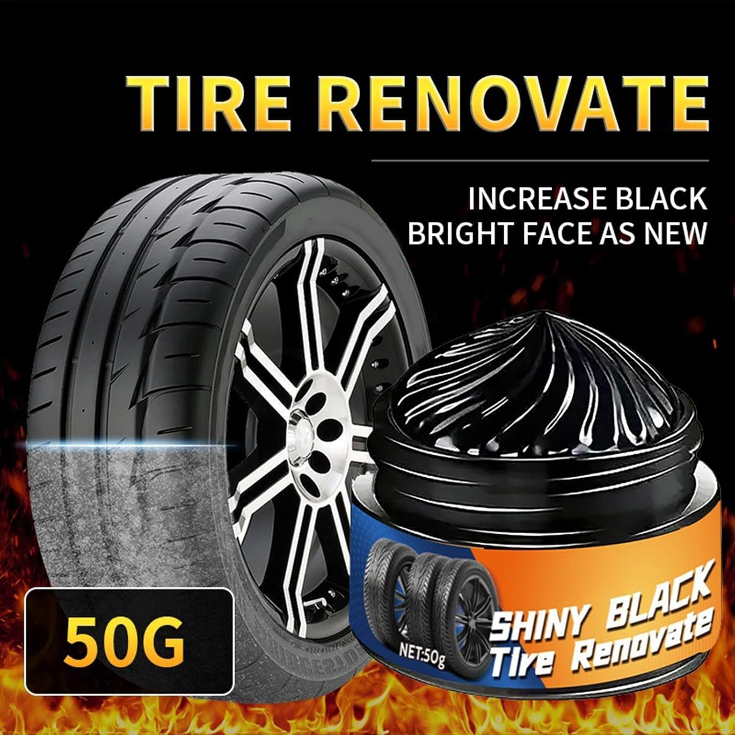 JIEBWCHA Car Tire Shine - Tyre Dressing Rim Care Wax | 50G Sponge Included Automotive Maintenance Restorer for Caravan Truck Garage Commuting Road Trip Minivan image number 2