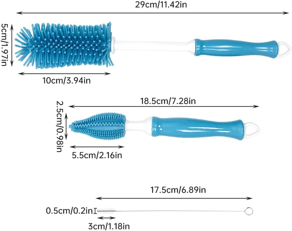 3 Pcs Silicone Bottle Brush Cleaning Set, 12" Long Handle Bottles Cleaner for Baby Bottles, Sports Bottle, Wine Decanter, Narrow Cup, Vase, Glassware, and Smaller Diameter Bottle Openings(Color:Blue) image number 2