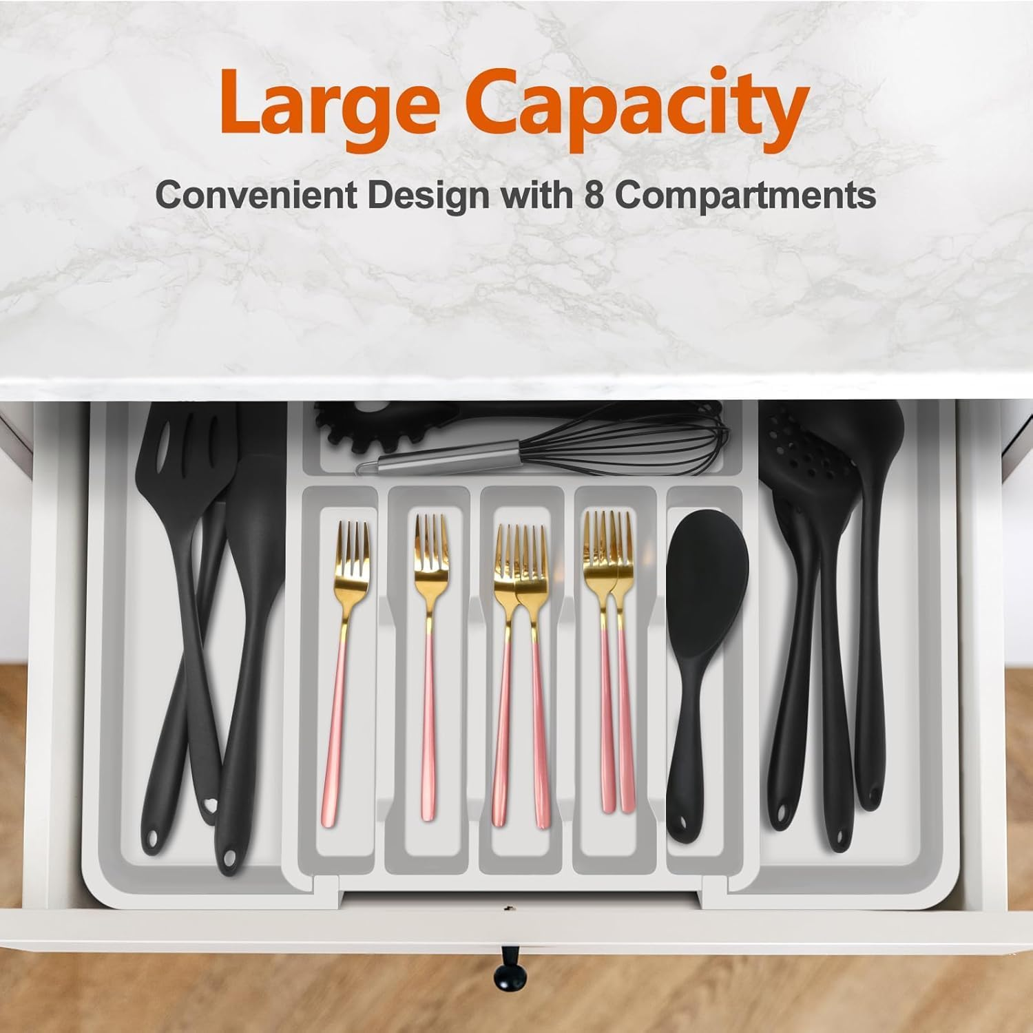 TCOTBE Cutlery Drawer Organiser, Expandable Utensil Tray for Kitchen, Adjustable Silverware and Flatware Holder, Compact Plastic Storage for Spoons Forks Knives, Large (White)