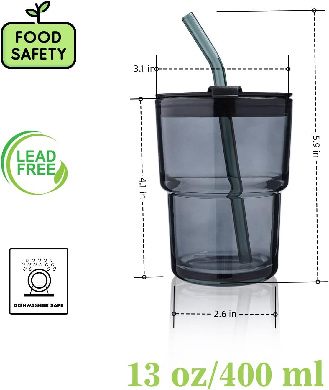 13 OZ/400ML Ice Coffee Glass Tumbler with Straw and Lid Sealed Carry On, Thick Wall Water Glass Cup Mug Tea （Gray） - Black image number 2