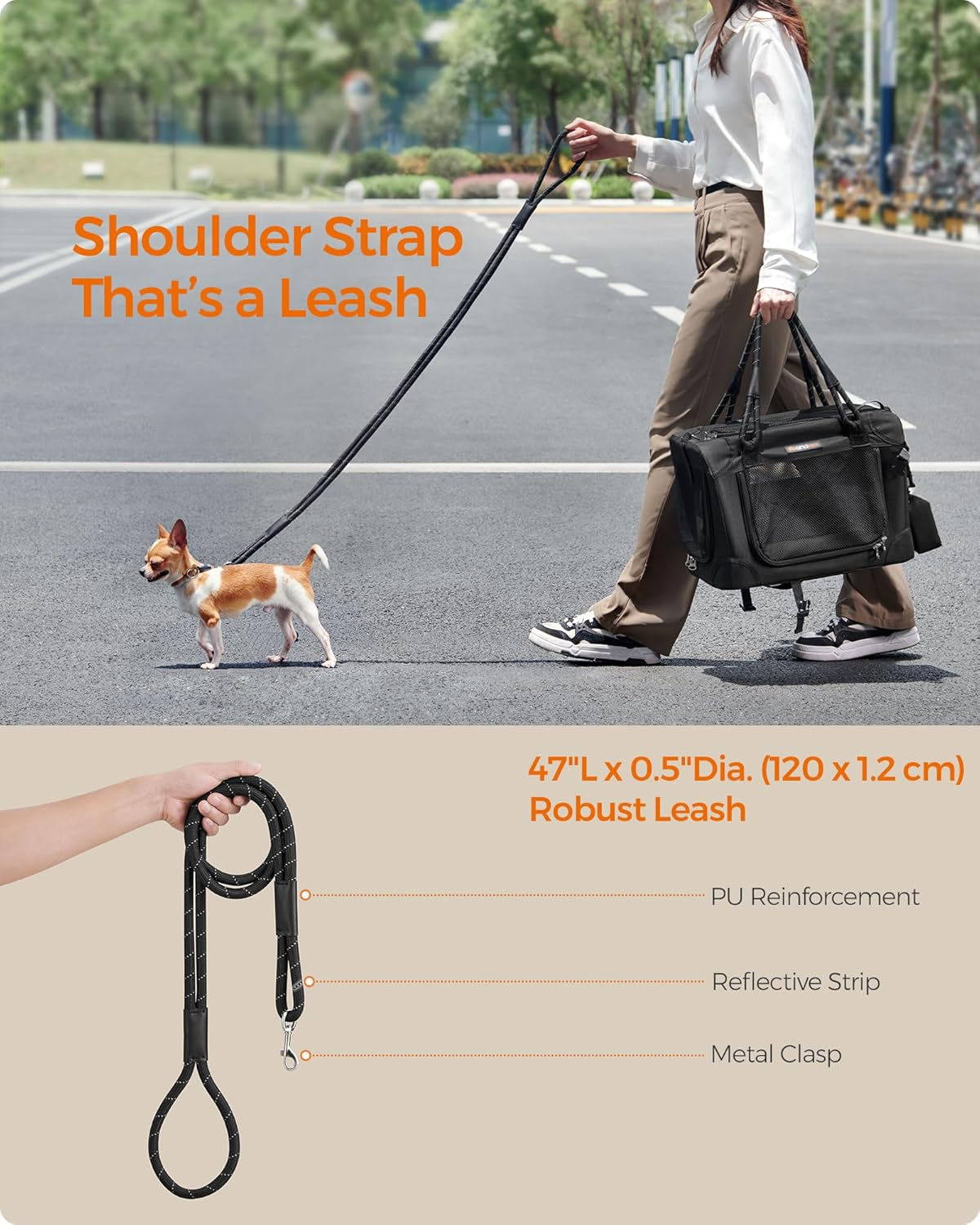 Feandrea Airline Approved Small Dog Carrier, Collapsible Pet Travel Carrier, Size S, with Metal Frame, Leash, Pocket, for Cats and Small Dogs up to 13 Lb, 17 X 12 X 12 Inches, Classic Black UPDC004B01 image number 4