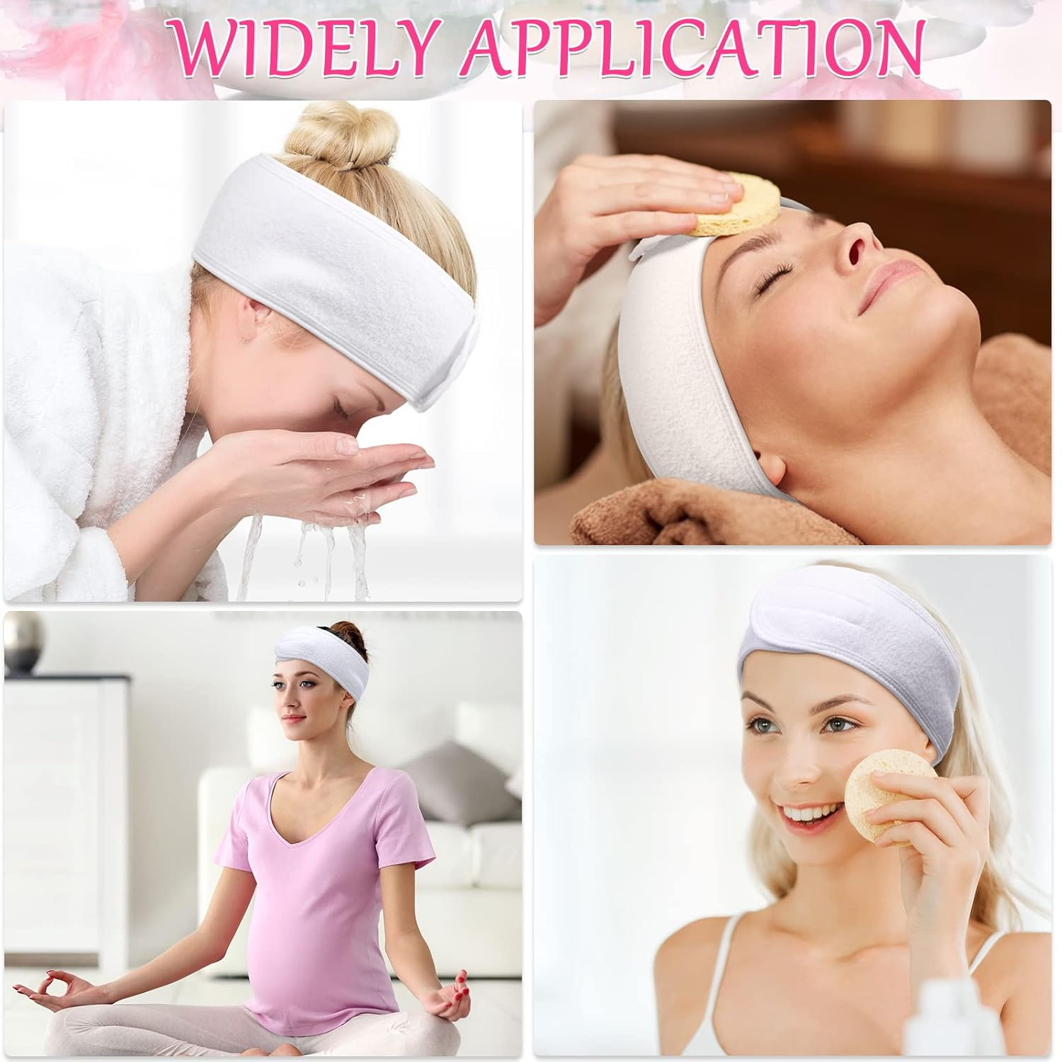 Hoteam 30 Pack Spa Headband Facial Esthetician Hair Wrap for Women Adjustable Makeup Sports Shower Stretch Towel with Tape(White) image number 4