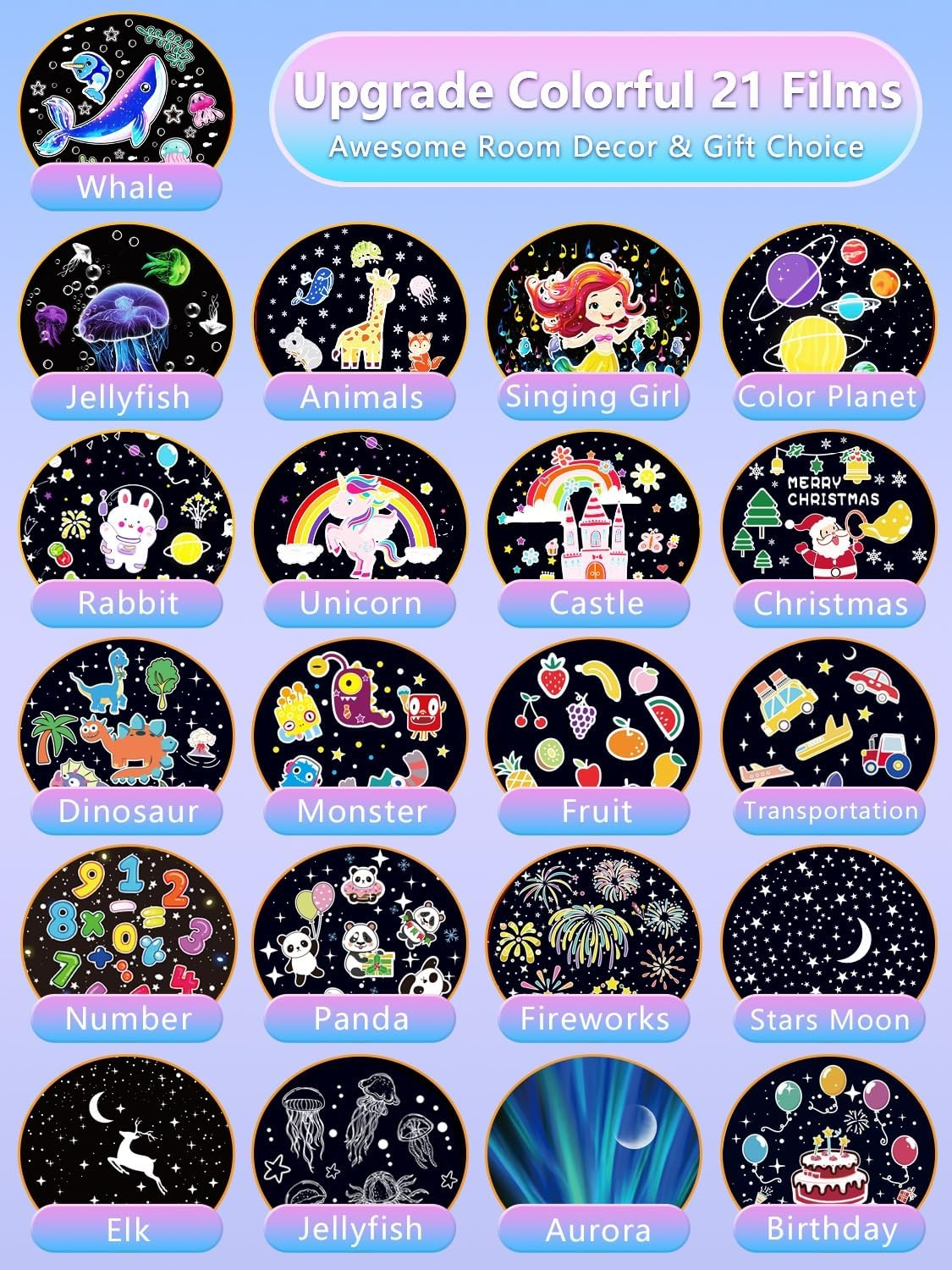 21 Sets of Films, Projector Night Light for Kids, Kids Night Light Projector for Bedroom, Ceiling, Star Galaxy Projector with 360&deg; Rotation Dimmable for Girls, Birthday, Christmas, Nursery, Room Decor image number 3