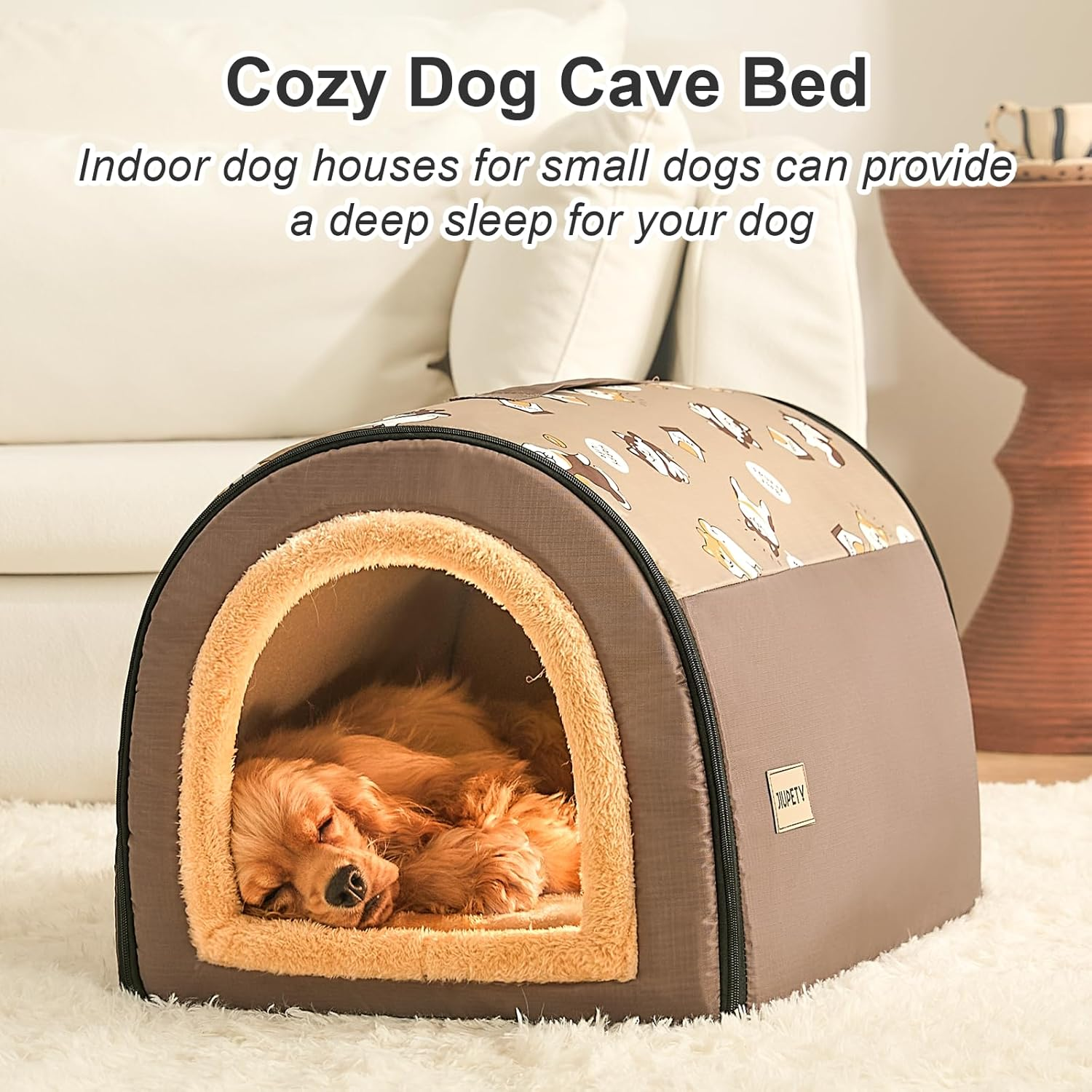 Jiupety Indoor Dog House, 2 in 1 Portable Foldable House Bed with Cover, Pet Tent & Cave Bed for Small Medium Dog, L(24"&times;18"&times;18"), up to 20 Lb, Brown image number 4