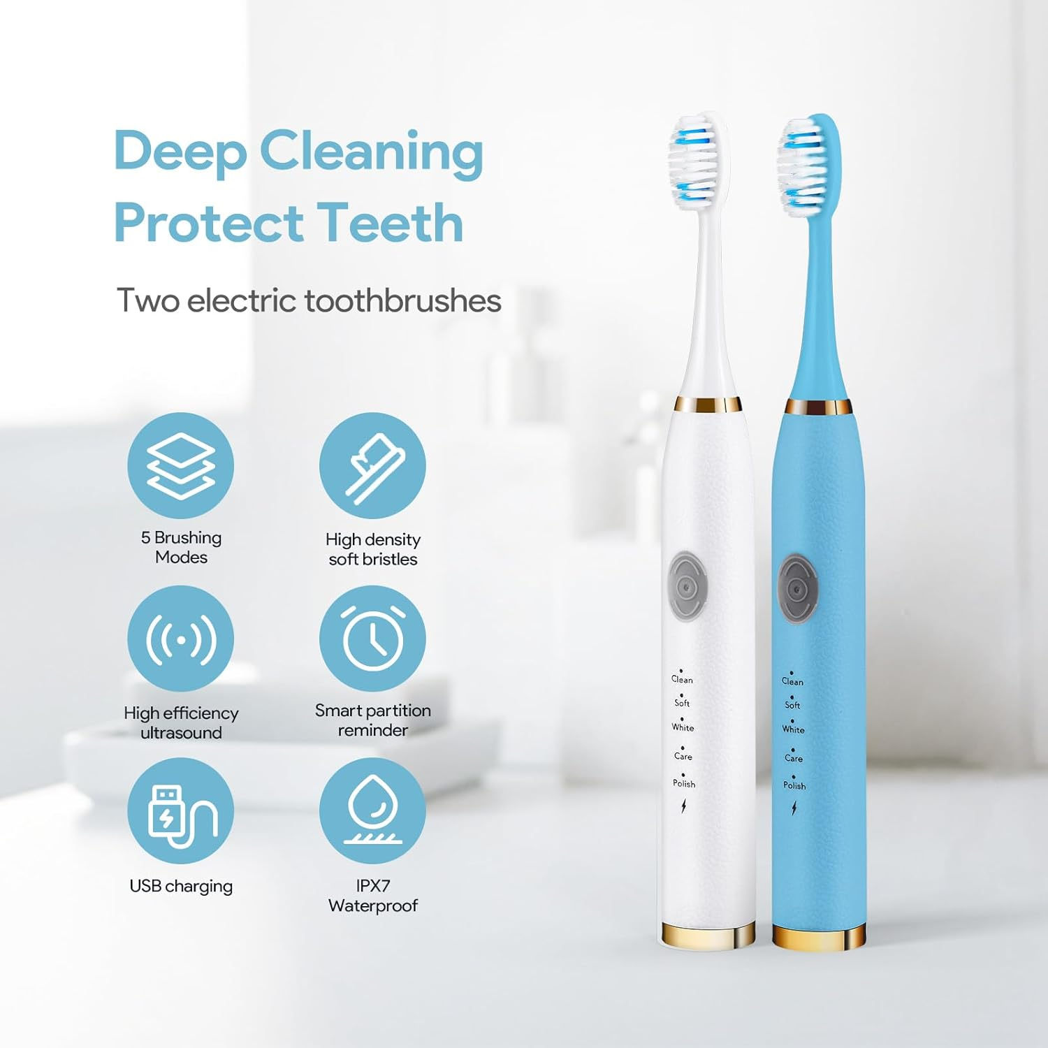 Electric Toothbrush 2 Pack, Travel Electric Toothbrush for Adult Includes 10 Replacement Brush Heads, 5 Modes, 2 Hours Charge for 60 Days (White & Blue) image number 5