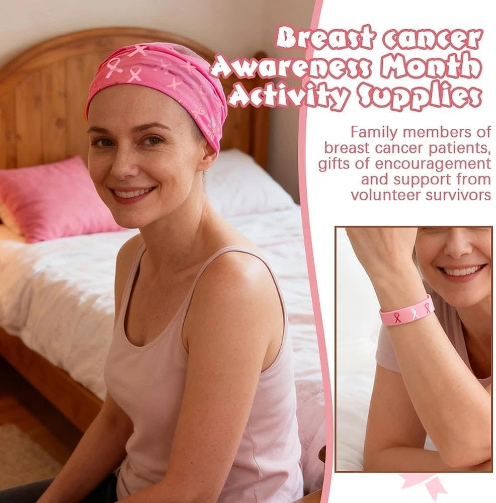 Breast Cancer Awareness Headbands Bracelet Set for Women Pink Ribbon Wristband Hair Band for Breast Cancer Month Events - Pink image number 5