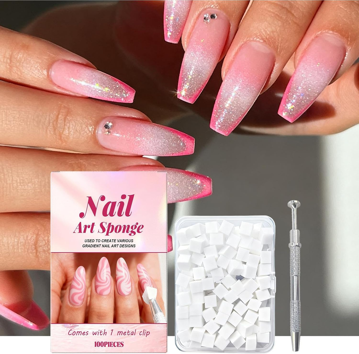 Nail Sponges for Art - Soft Square Beauty Tools with Grabbing Pen - Small Nail Sponge | for Foot Spa Grooming Party Summer Winter Holiday Wedding Bridal image number 3