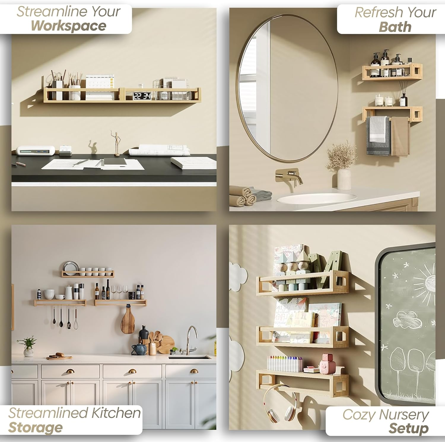 Floating Nursery Kids Book Shelves for Wall Set of 4, Wall Mounted Natural Solid Wood Furniture Bookcase Decor Storage Organizer Shelf for Bedroom Kitchen Bathroom Living Room (4, Natural) - 4, Natural image number 3