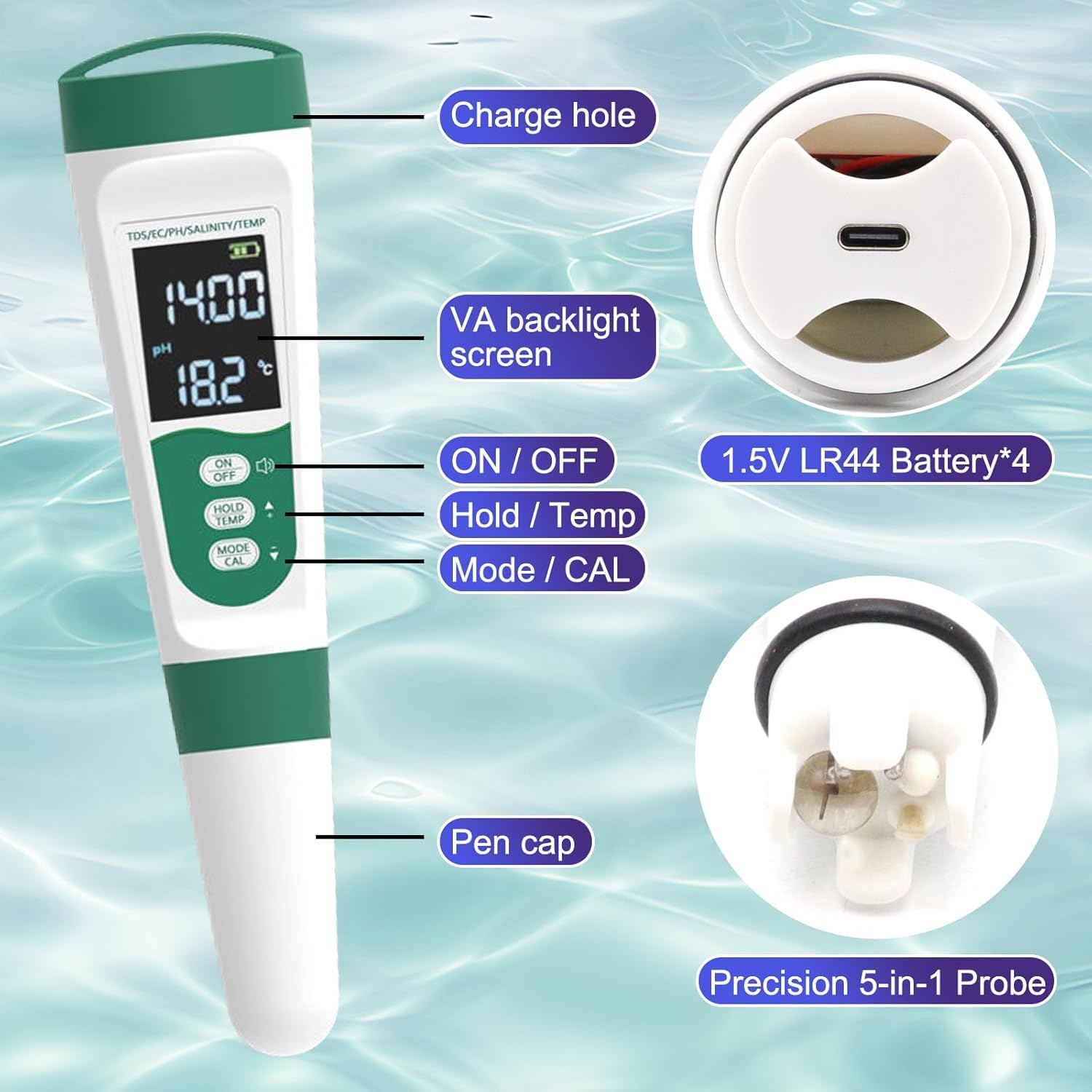 OBEST Water Tester 5-In-1,Tds Meter Digital Water Tester with Voice Function,Acid/Alkaline Ph Meter,Ec Water Tester for Drinking Water, Pool Salt Tester,Multifunctional Thermometer,400 Mah Battery image number 5