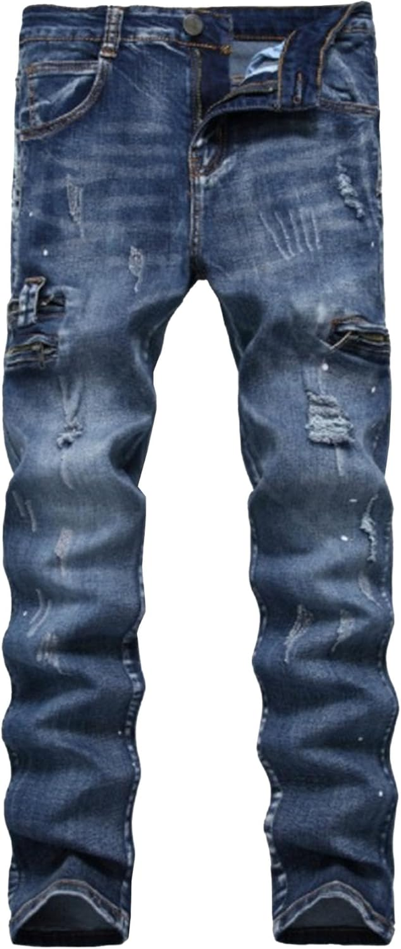 Jeshifangjiusu Mens Ripped Mid Rise Straight Leg Jeans Slim Lightweight Denim Pants Casual Streetwear Trousers, Dark Blue, 35 image number 4