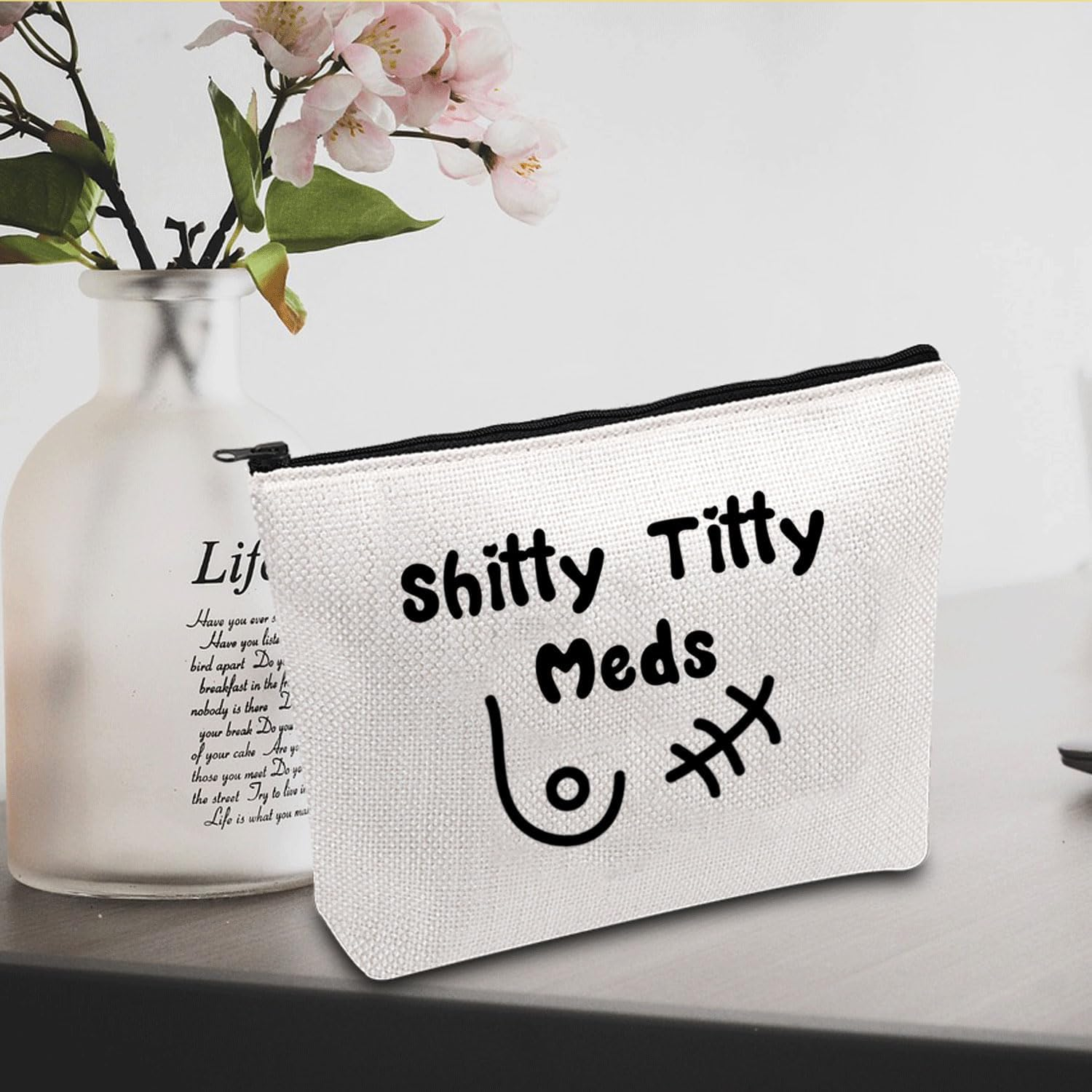 JXGZSO Breast Cancer Chemo Makeup Bag Shitty Titty Meds Cosmetic Bag Cancer Cheer up Gift Breast Cancer Awareness Gift, Shitty Titty Meds image number 3