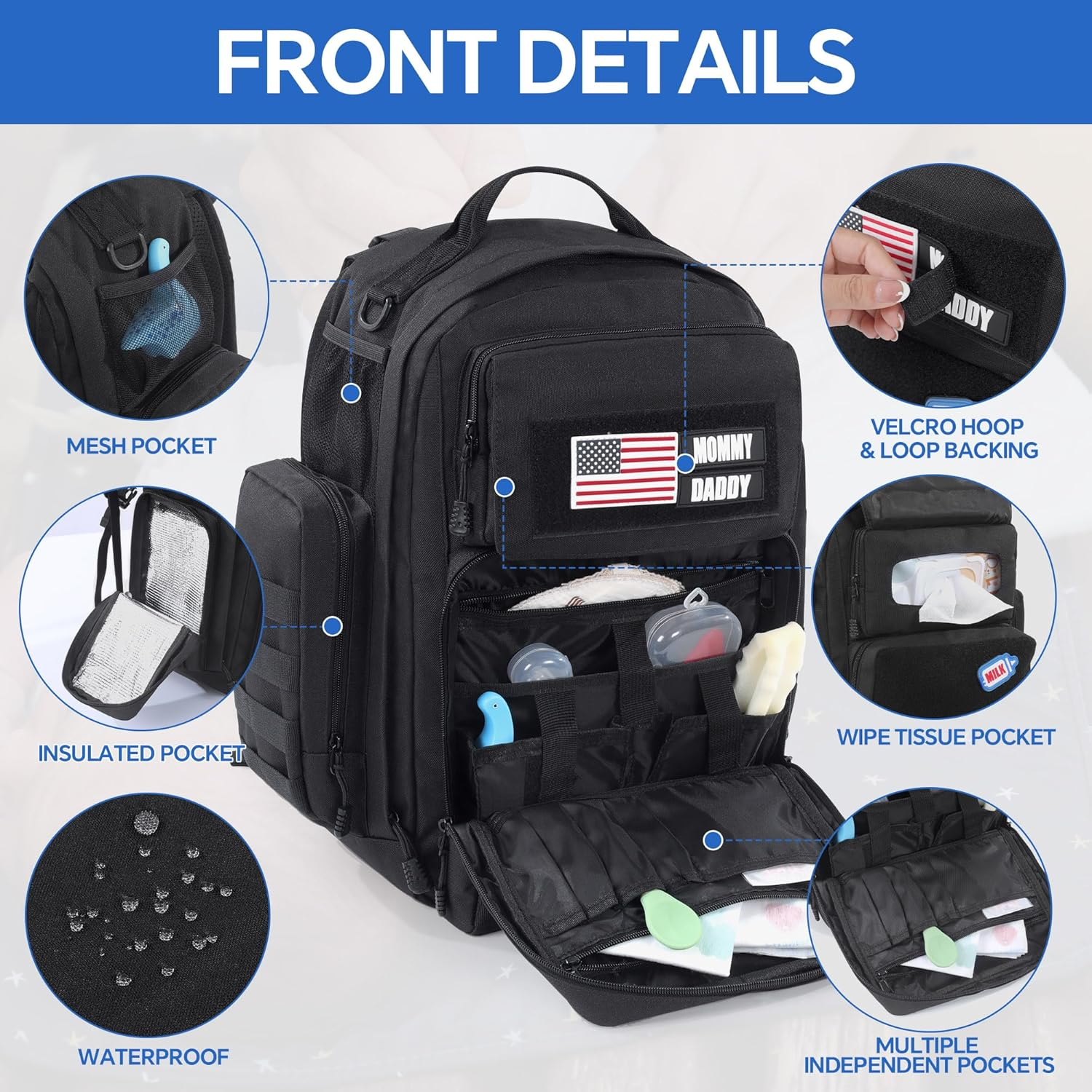 MABOZOO Black Military Dad Diaper Bag Backpack with Waterproof Changing Pad,Molle Style Mens Diaper Bag for Travel,Large Baby Backpack Bag with Insulated Bottle Holders image number 5