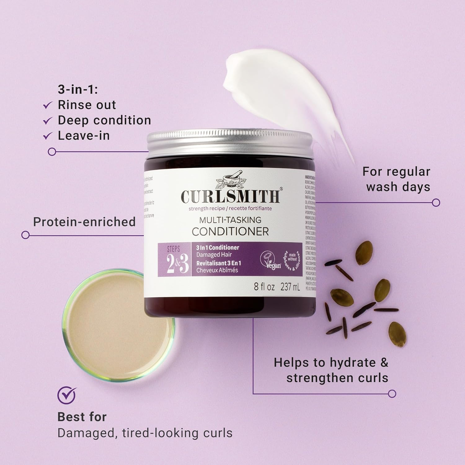 CURLSMITH &ndash; Multi-Tasking Conditioner, 3 in 1 Conditioner with Proteins, for Damaged Hair (8 Fl Oz) image number 2