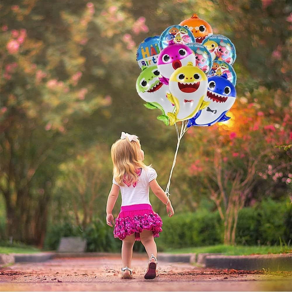 Baby Shark Party Balloons Set - 10 Pcs 26" Helium Balloons, 5 Pcs 17" round Balloons, 10M Ribbon & Straw - Party Supplies and Decorations