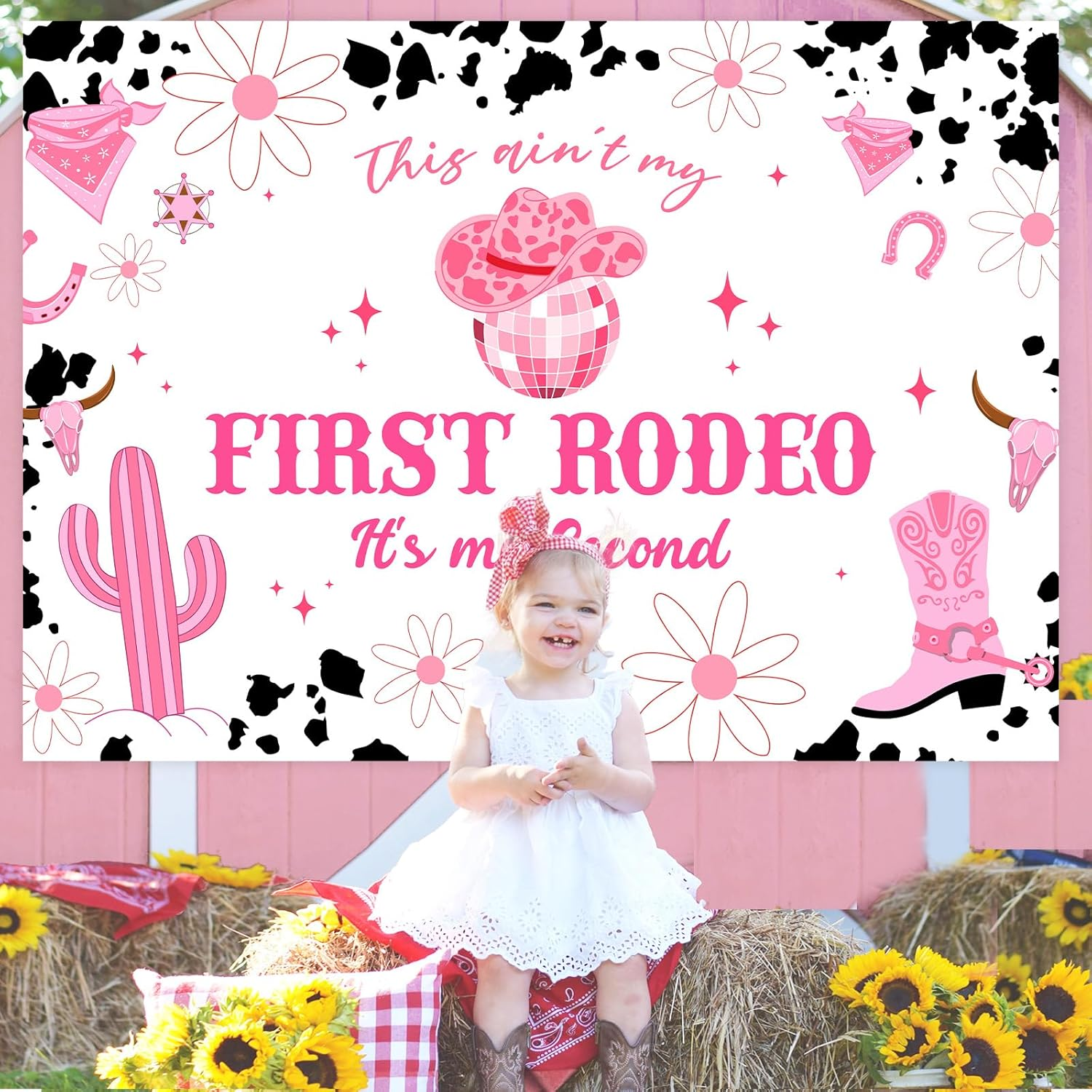 Wonmelody 7 * 5Ft Disco Cowgirl Party Decor Backdrop This Ain'T My First Rodeo It'S My Second Decor Cowgirl 2Nd Birthday Decor Space Cowgirl Disco Ball Boots Daisy Backdrop for Wild West 2Nd Birthday image number 4