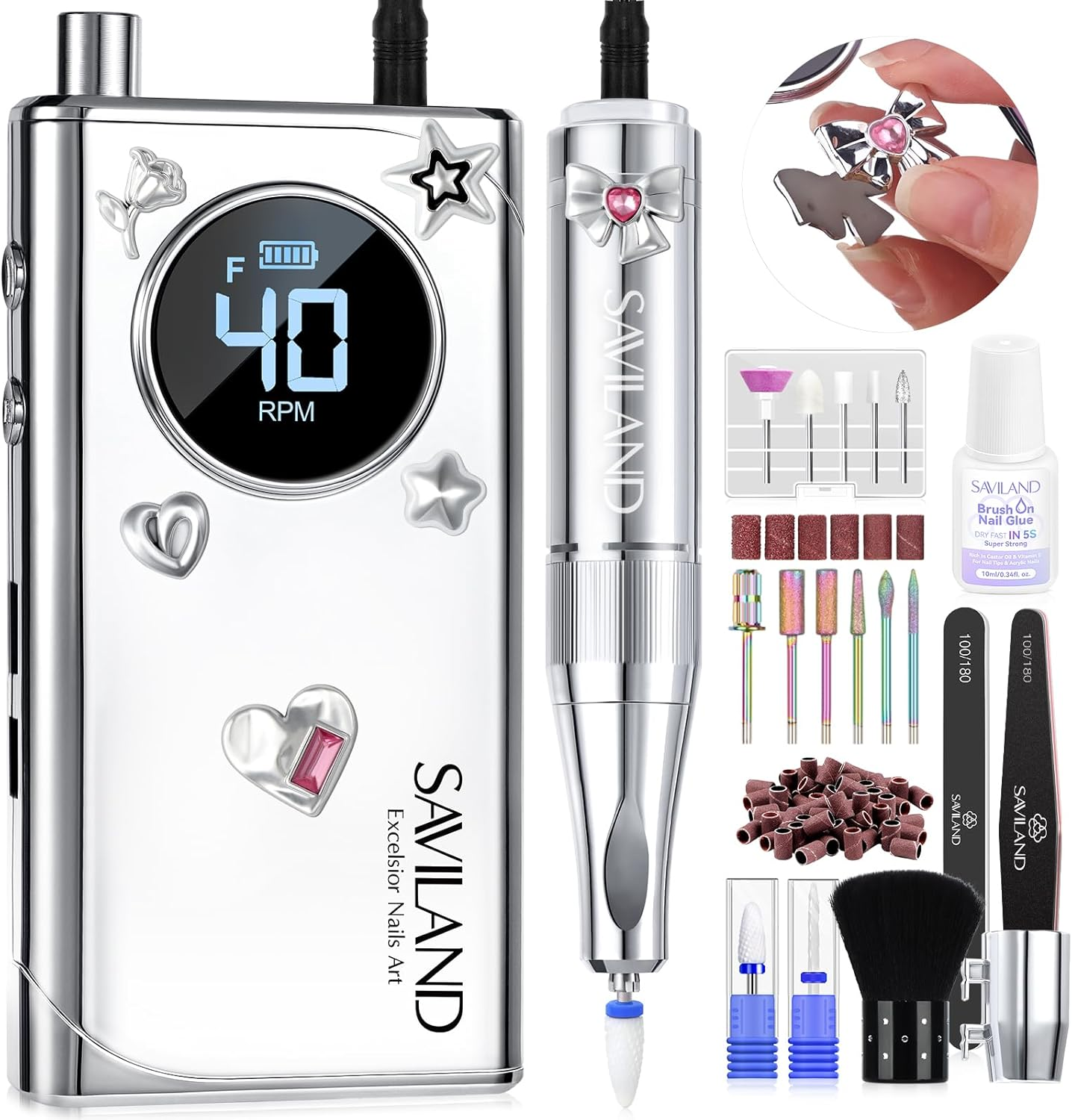 SAVILAND Electric Nail Drill Professional: 2024 Pro Future Tech 40000RPM Nail Drill Kit E File for Acrylic Nails Gel Polish Rechargeable 6000Mah Portable Nail Filer Drill Bits Salon image number 5