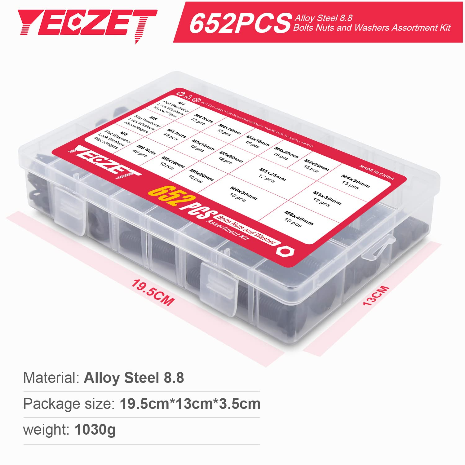YEEZET 163 Set M4 M5 M6 Heavy Duty Bolts and Nuts Assortment Kit Alloy Steel Grade 8.8 Includes 13 Most Common Sizes image number 4