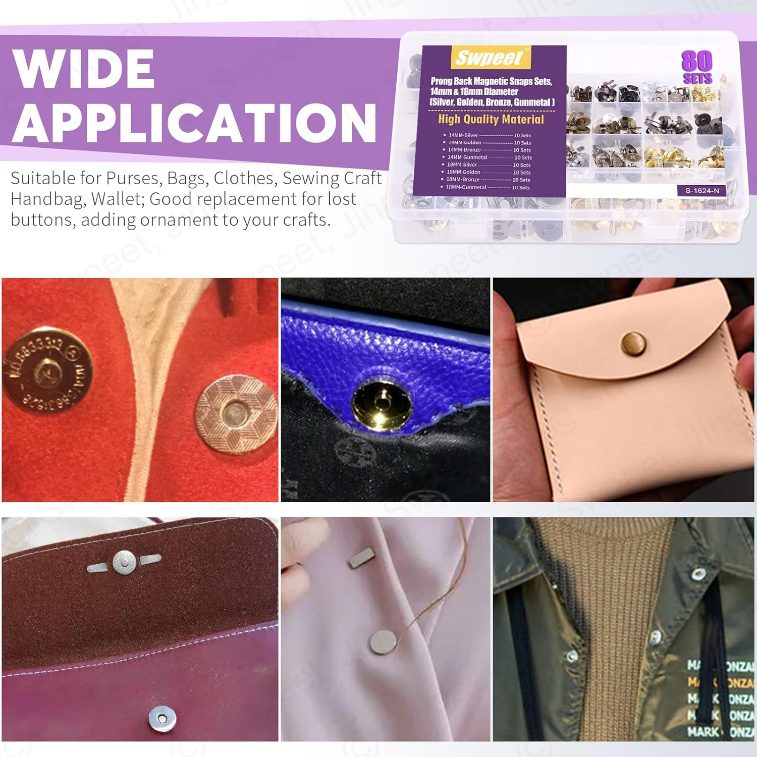 Swpeet 80 Sets Magnetic Button Clasps Snaps, 14/18MM Metal Fastener Clasps Gold Silver Bronze Black DIY Craft Sewing Knitting Buttons Sets for Sewing, Purses, Bags, Clothes, Leather,Silver Color image number 2