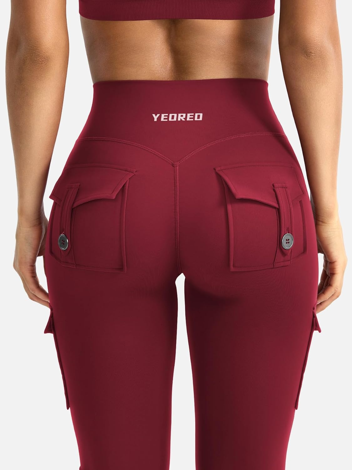 YEOREO Women Workout Flare Leggings with Pockets Hidden Scrunch High Waisted Cargo Gym Yoga Leggings Wine image number 2