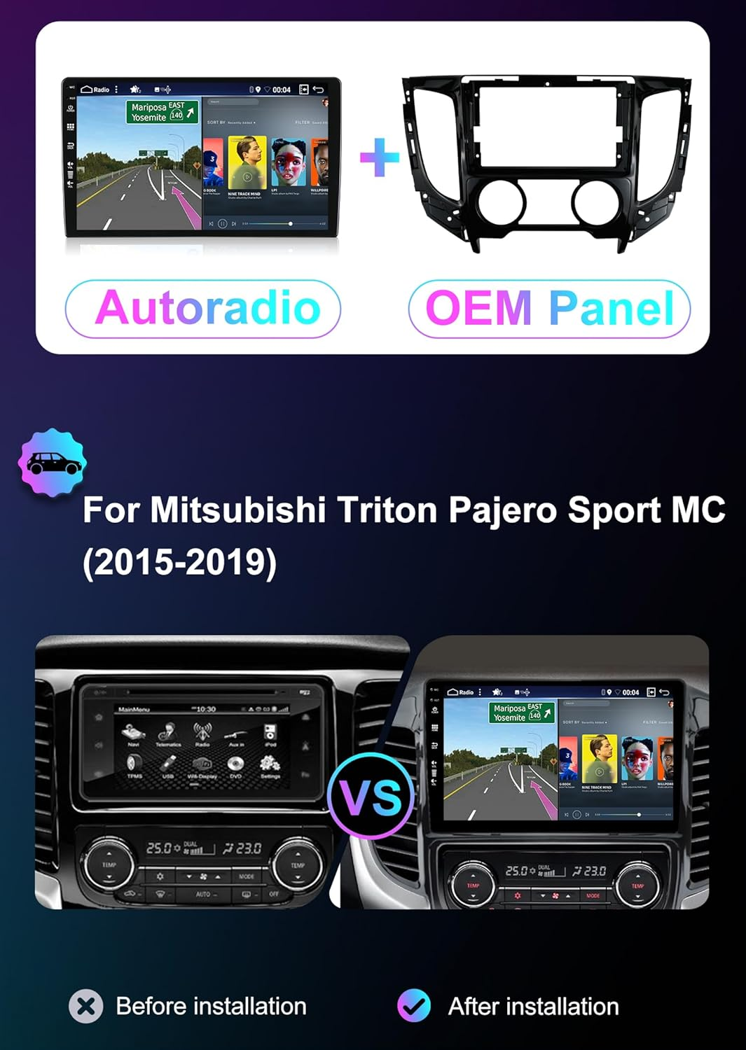 Android 14 IPS Car Stereo for Mitsubishi Triton Pajero Sport MC 2015-2019 - 2G+32G - Wireless Carplay/Android Auto - Rear Camera Free - 9 Inch 2 Din - DAB Steering Wheel Fast-Boot Bluetooth