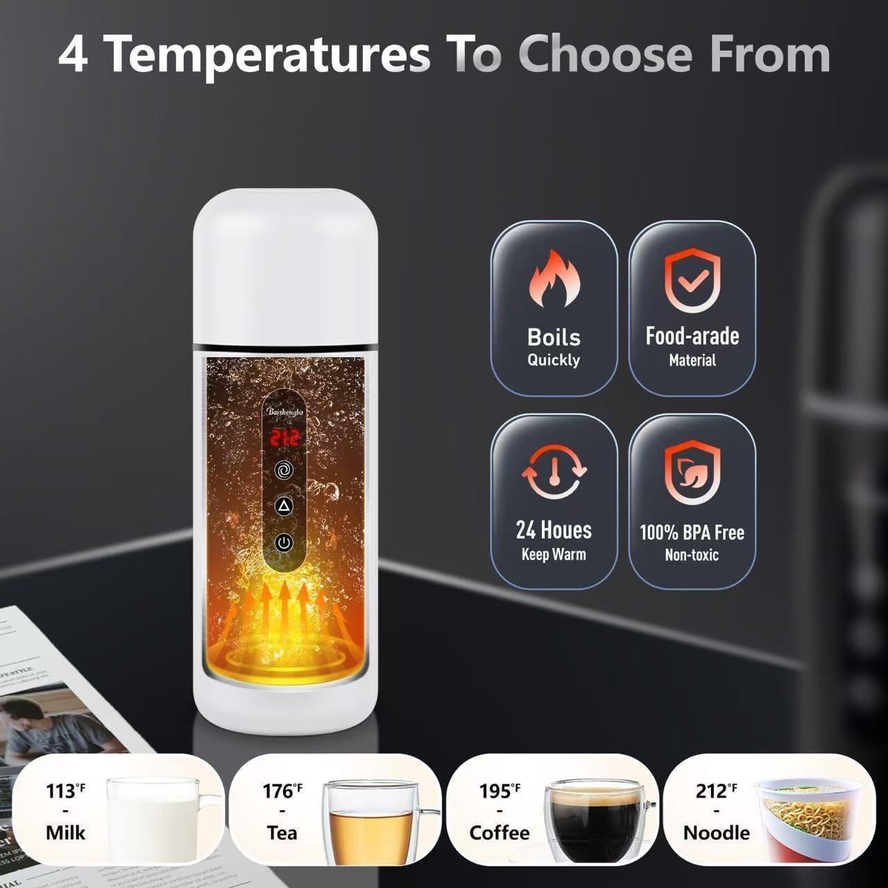 Car Kettle, Portable Electric Travel Kettle, 12V/24V Car Coffee Warmer, 420ML Hot Water Boiler, Small Hot Water Heater, with Built-In Magnetic Induction Stirring for Tea Coffee Milk (White) image number 3