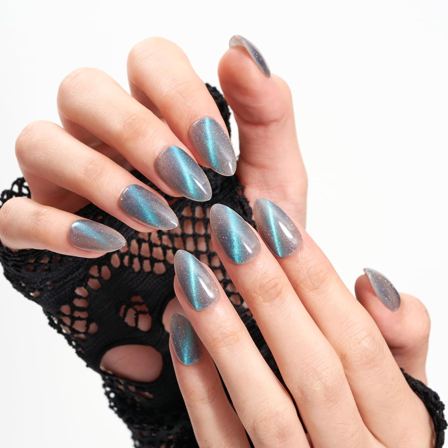 Cat Eye Press on Nails Short, Grey Handmade Almond False Nails with Green Glitter Design, Glossy Salon Perfect Magnetic Gel Bling Nails in 12 Sizes - 24Pcs Glue on Nails Kit for Women image number 1