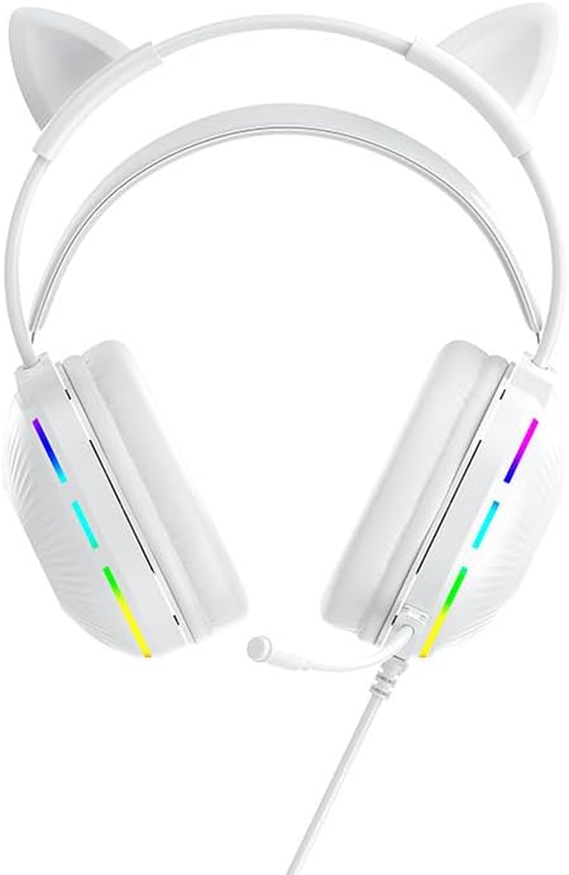 Gaming Sets with Microphone, Noise Canceling Wired Phones with Cartoon Cats Ear 7.1 Surround Sound Over-Ear Earphones for PC image number 2