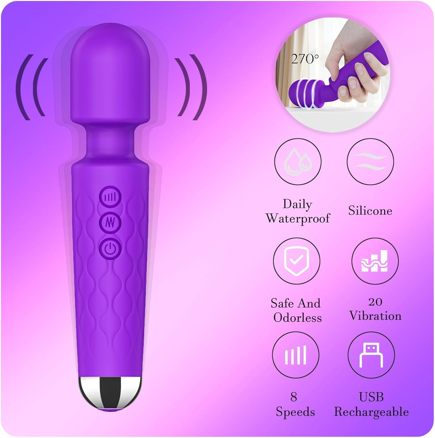 Vibrator Wand for Women - 20 Patterns & 8 Speeds G-Spot/Clitoral Stimulator, Quiet Cordless Dildo Massager, Submersible Adult Sex Toy Rechargeable Waterproof Big (Purple) image number 5