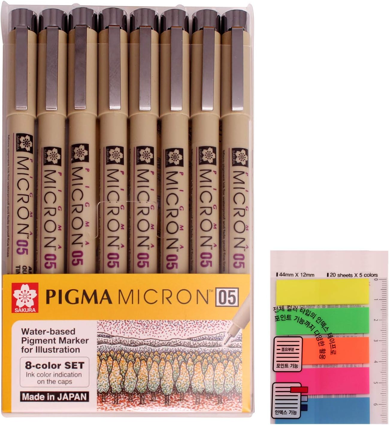 Sakura Pigma Micron Fineliners Pen High Light Soft Head Pen Manga Drawing- Assorted Color 8 Pens (Include Index Tape) 05-Assort Colors image number 2