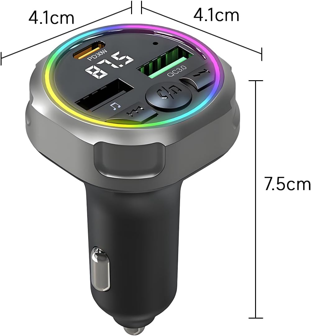 QUMOX Bluetooth 5.3 FM Transmitter Car Charger, PD 30W + QC3.0 Fast Charging, RGB Ambient Light, Dual USB Ports, Hands-Free Calling, Hi-Fi Music, Compatible with Iphone/Samsung/All Vehicles