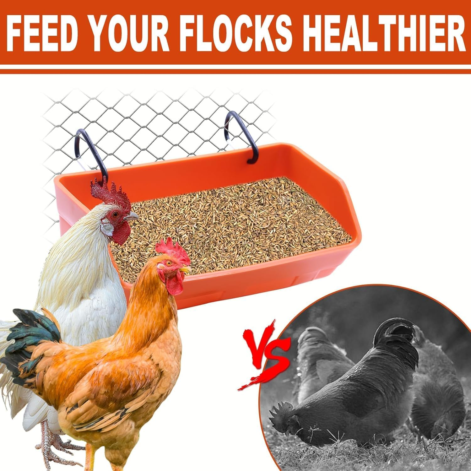 Fence Hanging Chicken Feeder - 2 Pack Feed Trough with Clips for Goat Duck Sheeple Horse Goose, Pig Poultry, Chicken Feeder Bucket Feeding Container (Orange) image number 1