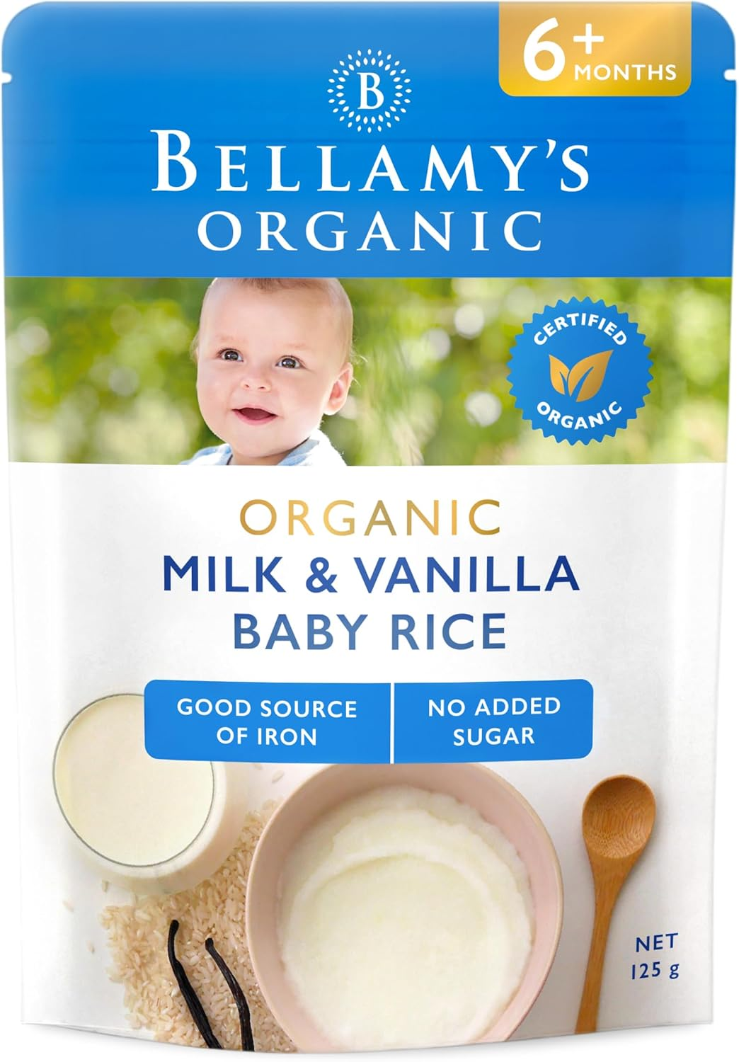 Bellamy'S Organic Milk & Vanilla Baby Rice 125G, Baby Food, 6M+, Bulk (6 X 125G)