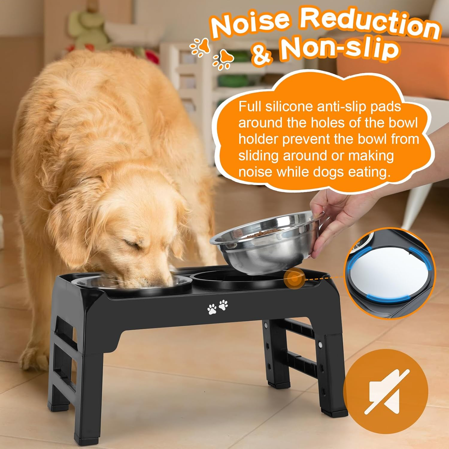 Elevated Dog Bowls, 4 Height Adjustable Raised Dog Bowl Stand with 2 Thick 50Oz Stainless Steel Dog Food Bowls Non-Slip Dog Feeder for Medium Large Dogs Adjusts to 3.7", 9.2", 10.75", 12.36" Black image number 3