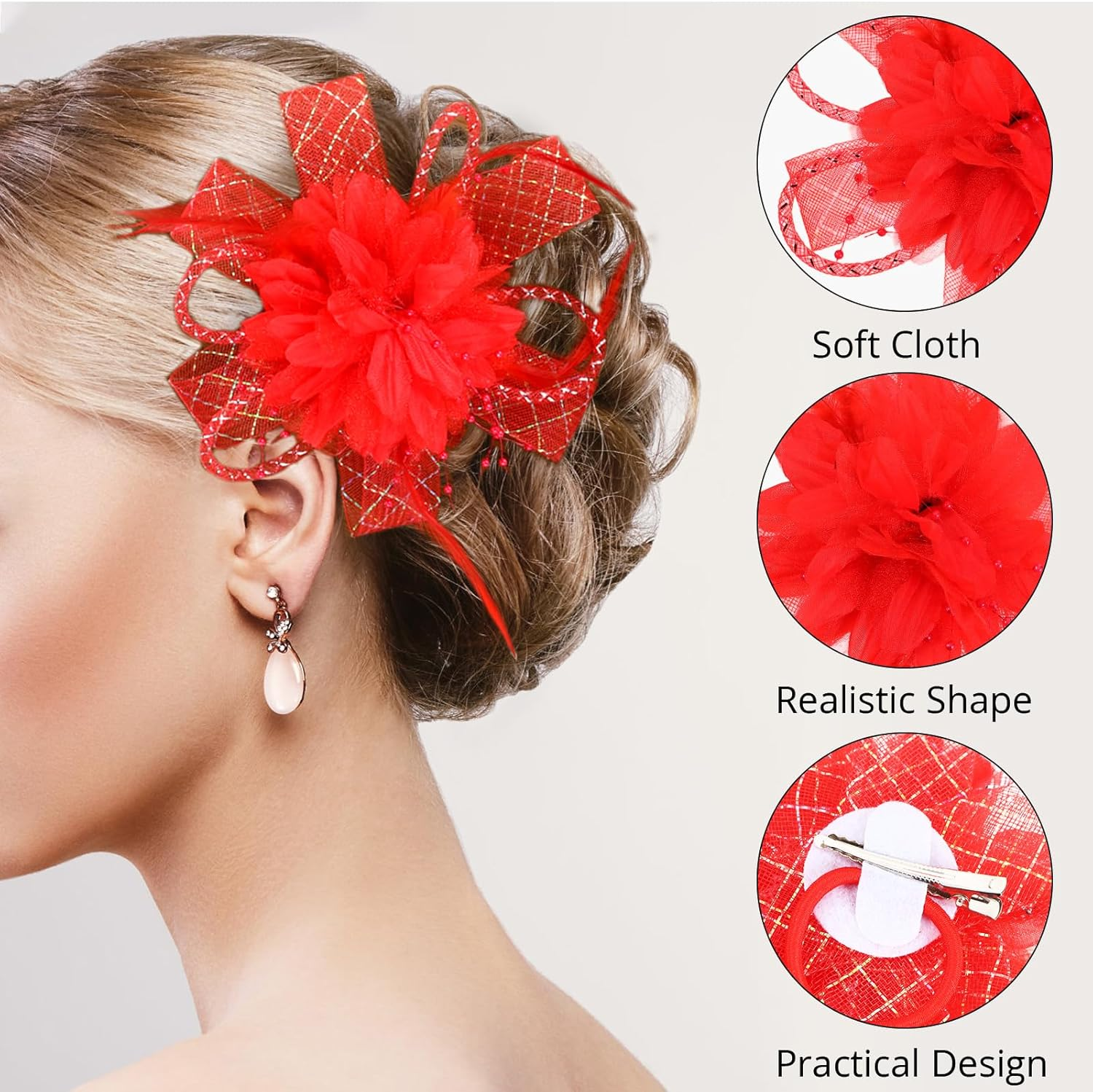 Sibba Flower Hats Clip Tea Party Lapel Pin Hair Clip Flower Feather Hair Clips Hairpin Butterfly Accessories Dresses Headband Set Women Girls Travel Wedding Prom Valentine'S Day Red D image number 4