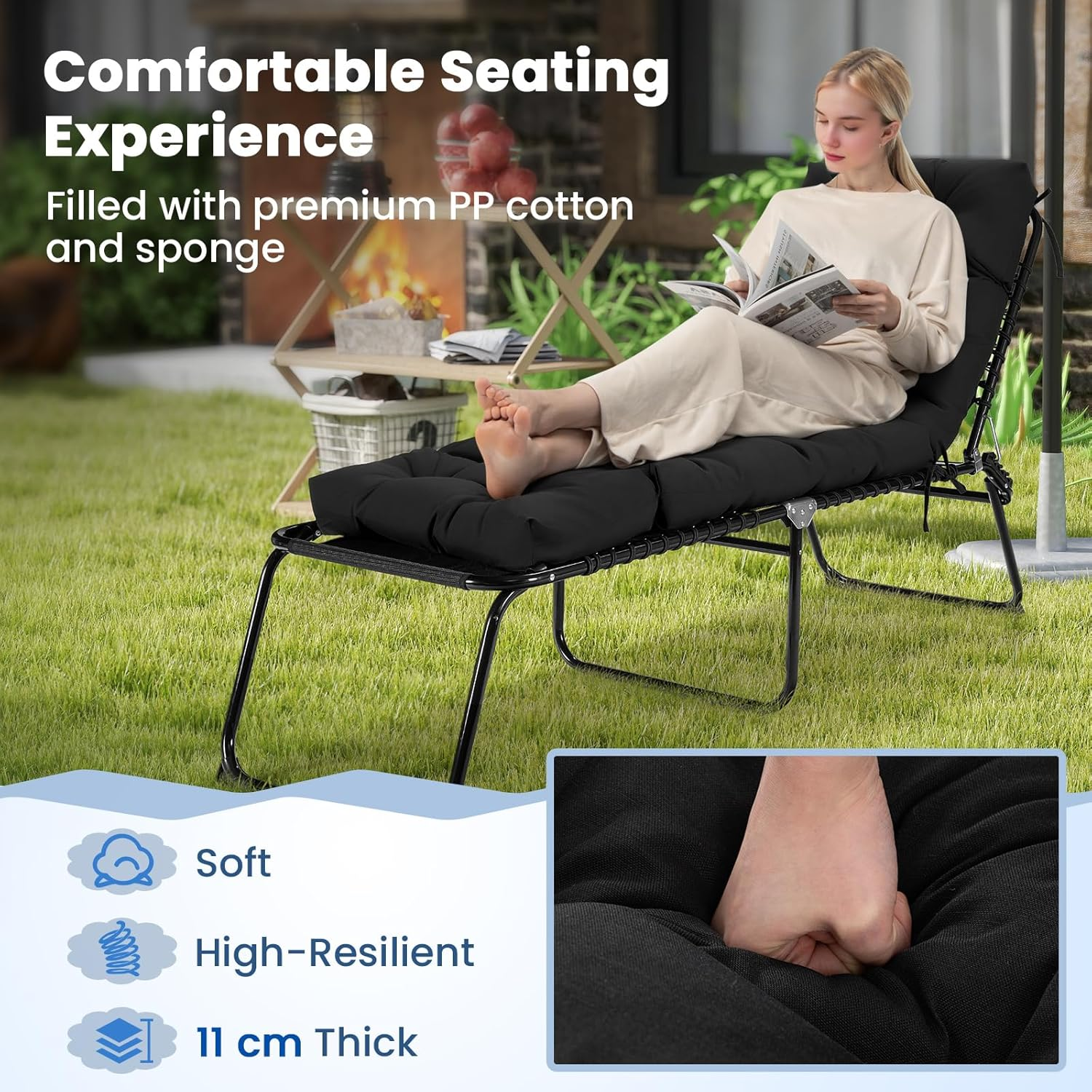 Costway Sunlounger Chair Cushion, High Back Recliner Cushion with 4 Fixing Ties, Thick Padded Reclining Chair Rocking Cushion for Outdoor Indoor (Only Cushion) (2, Black, 186 X 56 X 11 Cm) image number 4