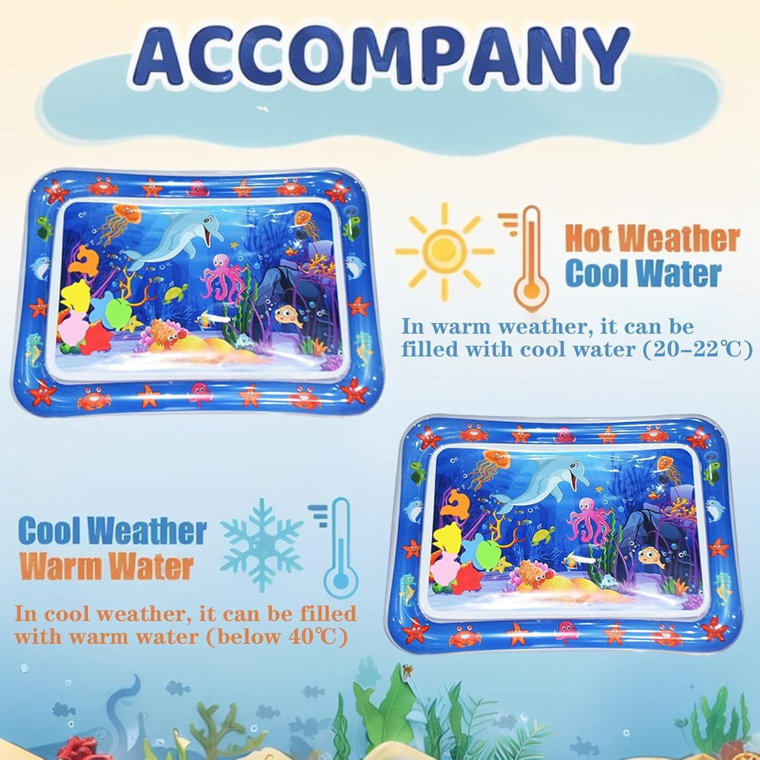 Pet Water Sensory Play Mat for Cats, Water Play Mat Water Filling Inflatable Tummy Time Mat Floating Dual Use Toy （Ocean Themed Style）, 70 X 50Cm Portable