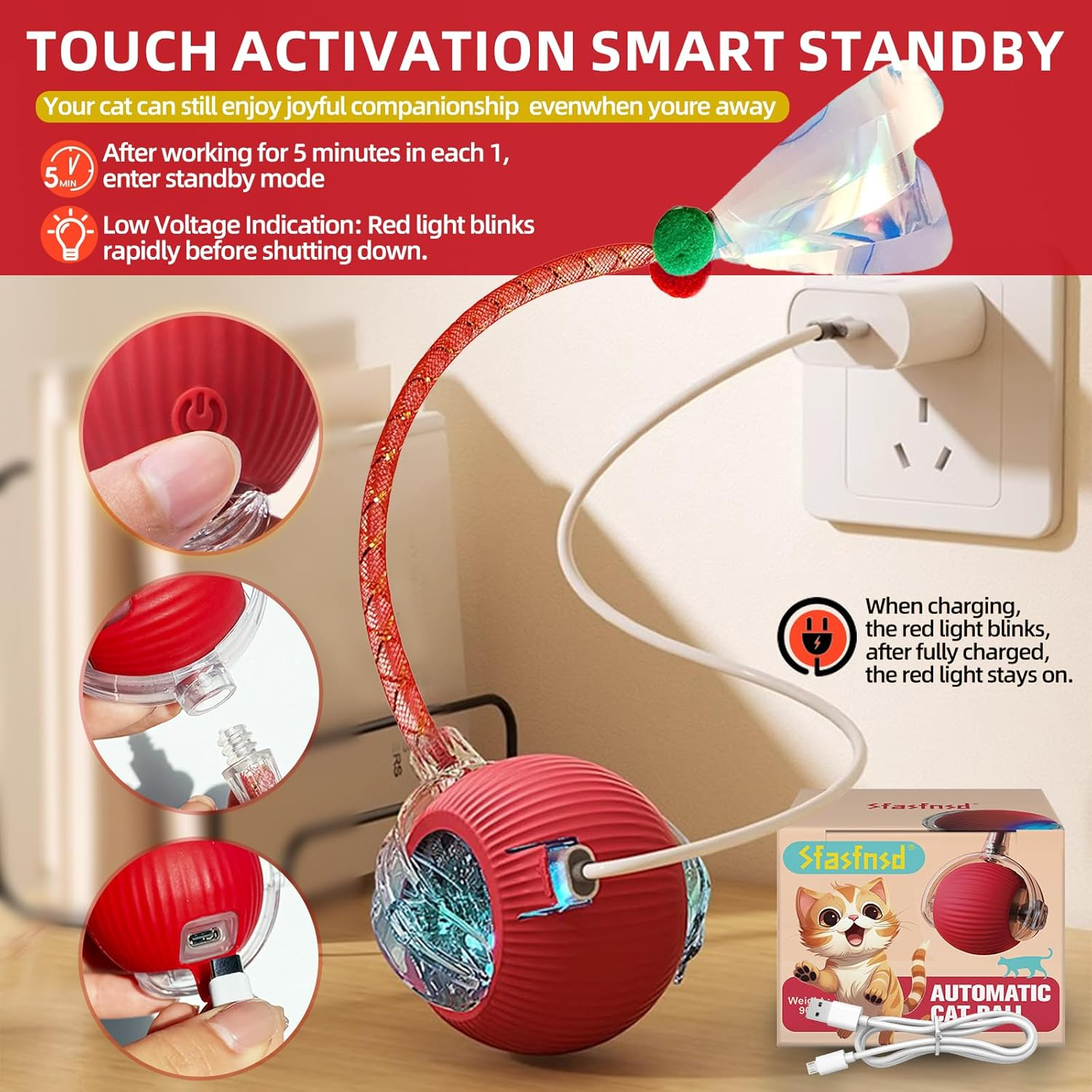 Interactive Cat Ball Toys, 360&deg; Intelligent Auto-Rolling Cat Toy Ball with Obstacle Avoidance, Smart Electric Toy for Indoor Cats