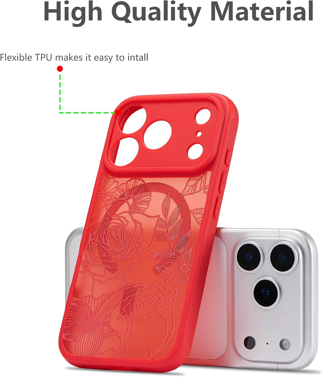 XIZYO Magnetic Case for Iphone 17 Pro Max, Compatible with Magsafe, Transparent Matt, Rose Floral Pattern, Shockproof Mobile Phone Case, Soft TPU Bumper Protective Case, Red