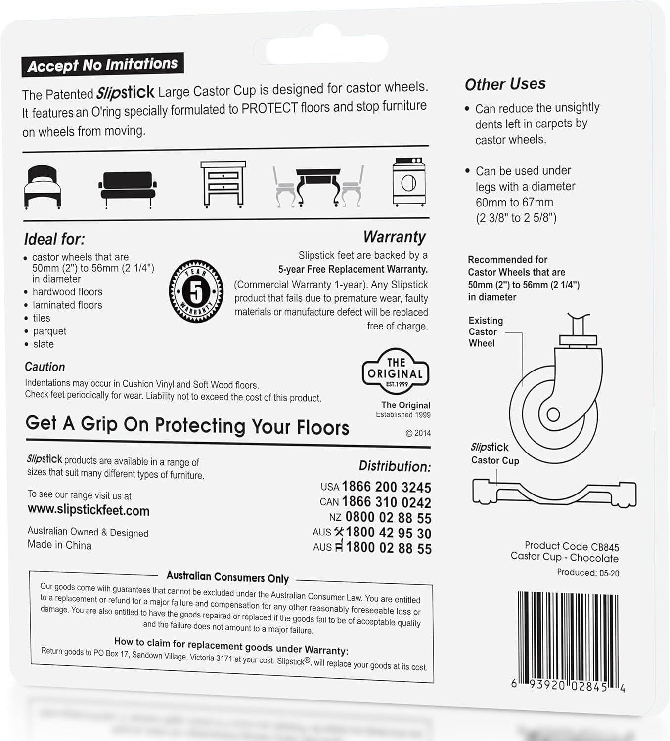 Slipstick CB845 Castor Cups 4-Pieces Set, Large, Chocolate image number 1