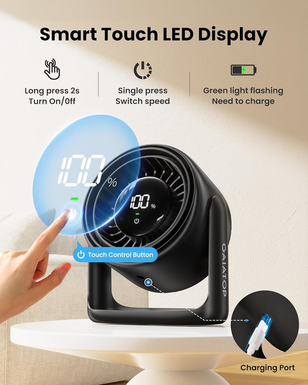Gaiatop Desk Fan with Touch Control, 4000Mah Battery, 5 Speeds Ultra Quiet Bedroom Fan with LED Display, 90&deg; Tilt, 7.7 Inch USB-C Rechargeable Desktop Fan for Dorm Office Room Home Office, Black