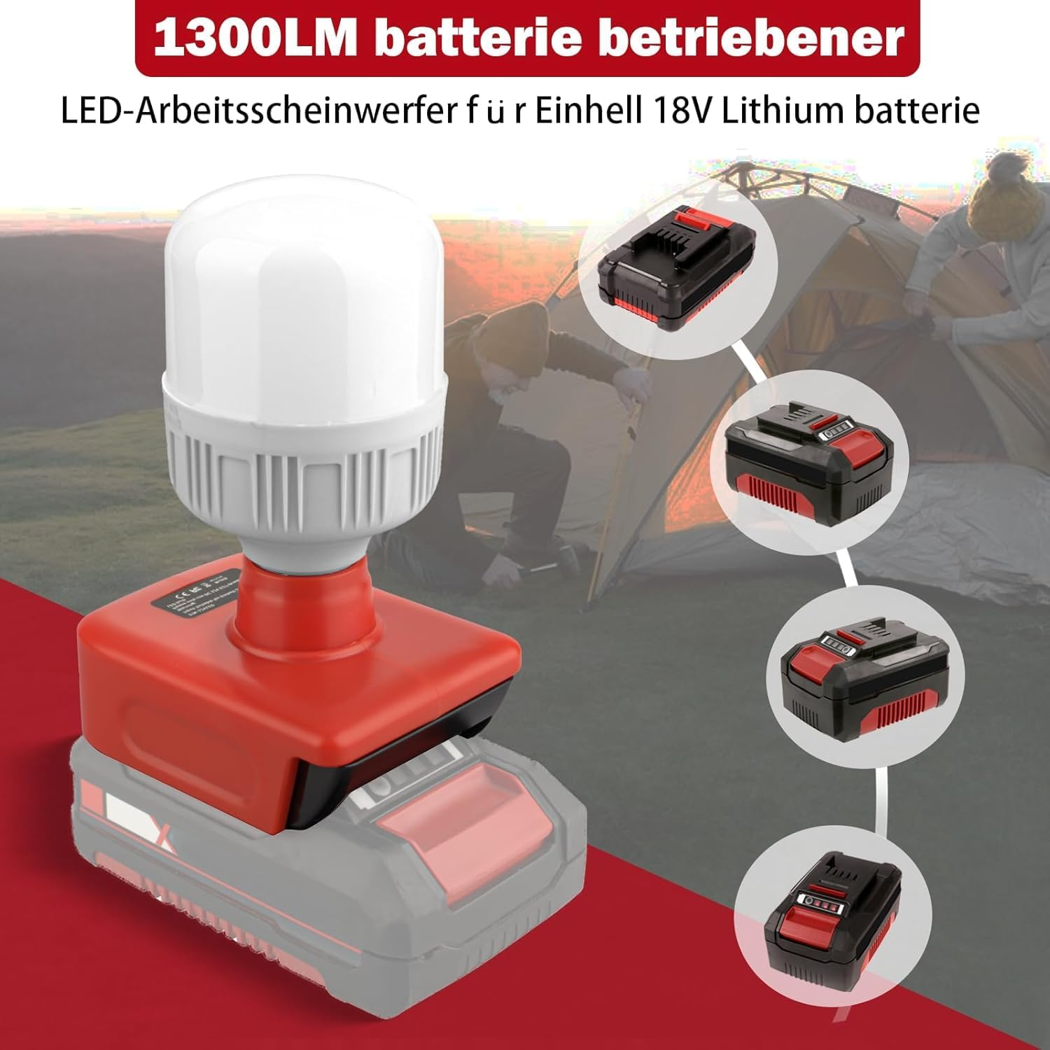 LED Work Light for Einhell Power X-Change 18V Battery,12W LED Spotlight with E27 Bulbs 350-1300Lm Adjustable Brightness for Outdoor Use, for Camping, Car Repairing, Emergency and Job Site Lighting image number 1